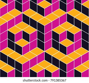 Geometric cubes abstract seamless pattern, 3d vector background. Technology style engineering line drawing endless illustration. Usable for fabric, wallpaper, wrapping, web and print.