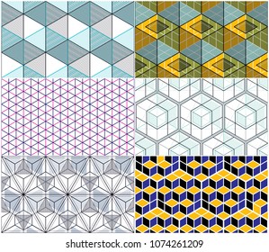 Geometric cubes abstract seamless patterns set, 3d vector backgrounds collection. Technology style engineering line drawing endless colorful illustrations. Usable for fabric, wallpaper, wrapping.