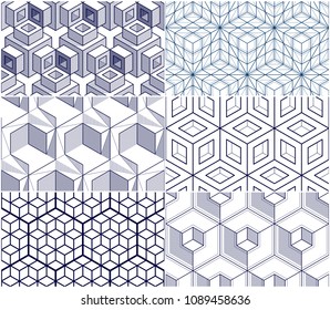 Geometric cubes abstract seamless patterns set, 3d vector backgrounds collection. Technology style engineering line drawing endless illustrations. Usable for fabric, wallpaper, wrapping. 