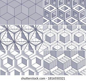 Geometric cubes abstract seamless patterns set, 3d vector backgrounds collection. Technology style engineering line drawing endless illustrations. 
