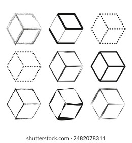 Geometric Cubes Collection. Hand Drawn and Dotted Cube Variations. Vector Illustration.