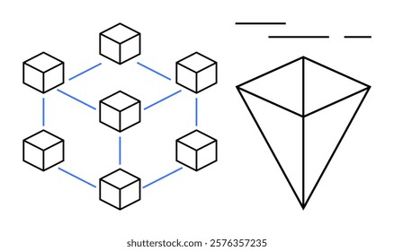 Geometric cubes connected by lines on the left and a hierarchical pyramid shape on the right. Ideal for technology, blockchain, network, structure, minimalism themes. Simple line art style