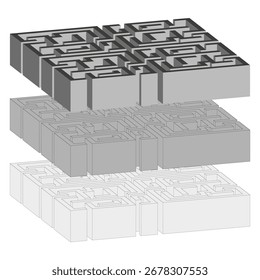 Geometric cubes pattern. Abstract building blocks. Stacked solid forms. Vector architectural illustration. EPS 10.