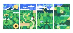 Geometric Cubist Landscape Posters Set. Green Summer Nature Cards In Geometry Art Style. Rural Environment, Countryside With Plants. Vertical Eco Backgrounds. Modern Stylized Flat Vector Illustrations