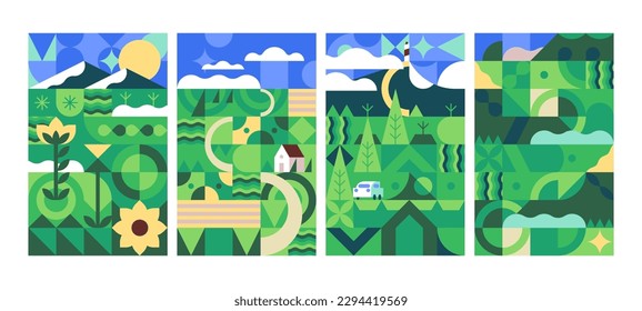 Geometric cubist landscape posters set. Green summer nature cards in geometry art style. Rural environment, countryside with plants. Vertical eco backgrounds. Modern stylized flat vector illustrations