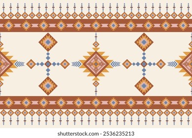 Geometric and cultural Southeast Asian ikat and Navajo-inspired pattern featuring aztec and tribal motifs in earthy tones, perfect for wallpaper, vintage carpets, and home decor