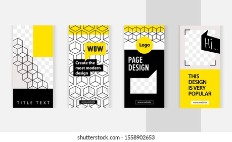 Geometric curly backgrounds, isometric cube. Set templates for design of social networks, instagram story and print with windows for images. Yellow modern style with chat bubble. 