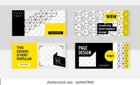 Geometric curly backgrounds, isometric cube. Background set horizontal banner templates with frame for images. Yellow modern style with chat bubble. 