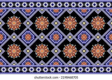 Geometric curved and orange flower pattern art,Tile, asphalt, vector abstract black background. Seamless pattern, folk embroidery, ornament print, Design for carpet, wallpaper, clothing,textile