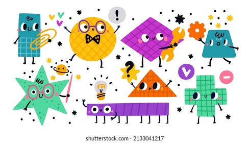 Geometric cute characters. Abstract basic draw figures with happy faces, hands and legs. Cross and hexagon. Funny patterned shapes. Doodle rectangle and circle. Vector