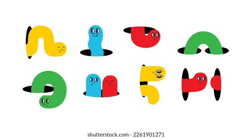 Geometric cute color worms coming, flying, jumping, looking through and out of holes. Happy enthusiastic lively characters. Search, explore concept. Graphic vector illustration