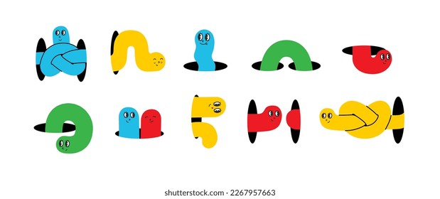 Geometric cute color worms coming, flying, jumping, looking through and out of holes. Happy enthusiastic lively characters. Search, explore concept. Graphic vector illustration