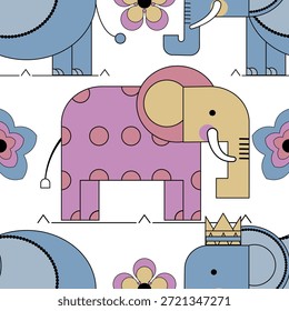 Geometric cute elephant seamless pattern, cartoon safari animal vector illustration with flowers  ands, kids wallpaper, baby textile, playful nursery decor surface design
