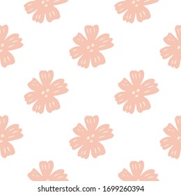 Geometric cute flower seamless pattern on white background. Chamomile flowers wallpaper. Ditsy floral background. Design for fabric, textile print, wrapping paper, cover. Vector illustration.