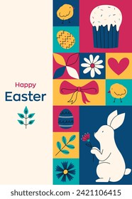 Geometric cute greeting card for Happy Easter. Trendy minimalistic illustration. Collection of holiday icons. Website decoration, graphic elements. Holiday covers, posters, banners, greeting card