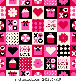 Geometric cute love symbols and typography design seamless square pattern for valentine’s day.