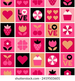 Geometric cute love symbols and typography design seamless square pattern for valentine’s day.