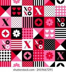 Geometric cute love symbols and typography design seamless square pattern for valentine’s day.