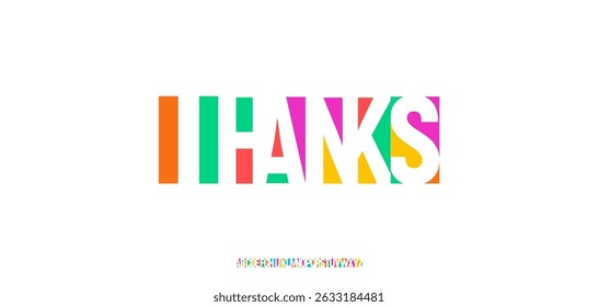 Geometric cutout thanks letters with bold modern colors. Blocky sans serif font filled with vibrant rainbow palette for packaging, posters, social media, logo and headline. Vector illustration