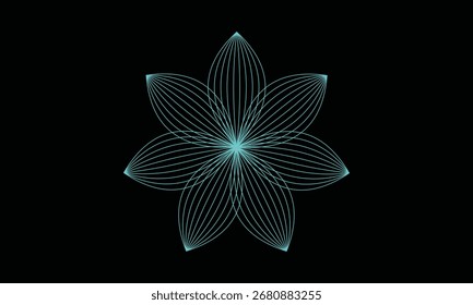 Geometric cyan flower shape with radiating lines on black background abstract bloom