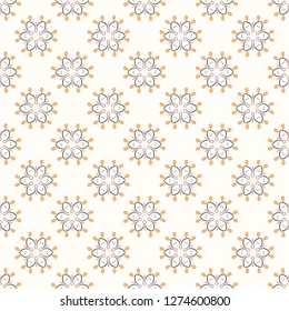 Geometric daisy flowers. Hand drawn seamless vector pattern. All over print with peach floral blooms on trendy brown. Illustration for textiles and paper backgrounds.