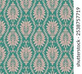 Geometric damascus ornament. Ikat border. Ethnic embroidery with leaves and monograms. Tribal vector texture. Seamless folk pattern in Aztec style. Indian, Scandinavian, Gypsy, Mexican, African rug.
