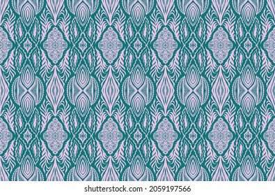 Geometric damascus ornament. Ikat border. Ethnic embroidery with leaves and monograms. Tribal vector texture. Seamless folk pattern in Aztec style. Indian, Scandinavian, Gypsy, Mexican, African rug.