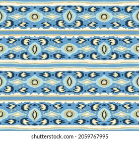 Geometric damascus ornament. Ikat border. Ethnic embroidery with leaves and monograms. Tribal vector texture. Seamless folk pattern in Aztec style. Indian, Scandinavian, Gypsy, Mexican, African rug.