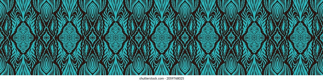 Geometric damascus ornament. Ikat border. Ethnic embroidery with leaves and monograms. Tribal vector texture. Seamless folk pattern in Aztec style. Indian, Scandinavian, Gypsy, Mexican, African rug.