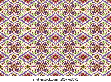 Geometric damascus ornament. Ikat border. Ethnic embroidery with leaves and monograms. Tribal vector texture. Seamless folk pattern in Aztec style. Indian, Scandinavian, Gypsy, Mexican, African rug.