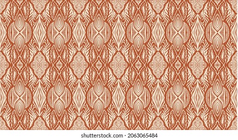 Geometric damascus ornament. Ikat border. Ethnic embroidery with leaves and monograms. Tribal vector texture. Seamless folk pattern in Aztec style. Indian, Scandinavian, Gypsy, Mexican, African rug.
