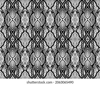 Geometric damascus ornament. Ikat border. Ethnic embroidery with leaves and monograms. Tribal vector texture. Seamless folk pattern in Aztec style. Indian, Scandinavian, Gypsy, Mexican, African rug.