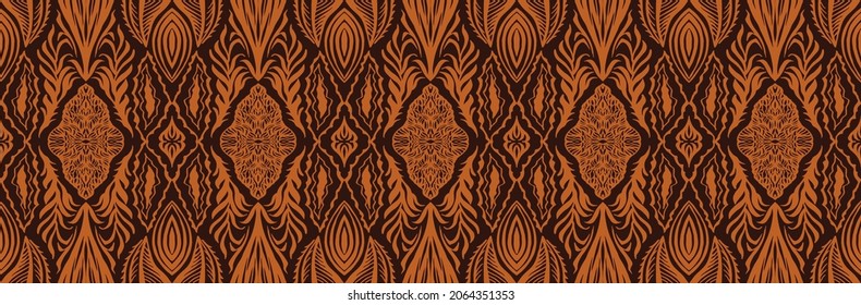 Geometric damascus ornament. Ikat border. Ethnic embroidery with leaves and monograms. Tribal vector texture. Seamless folk pattern in Aztec style. Indian, Scandinavian, Gypsy, Mexican, African rug.