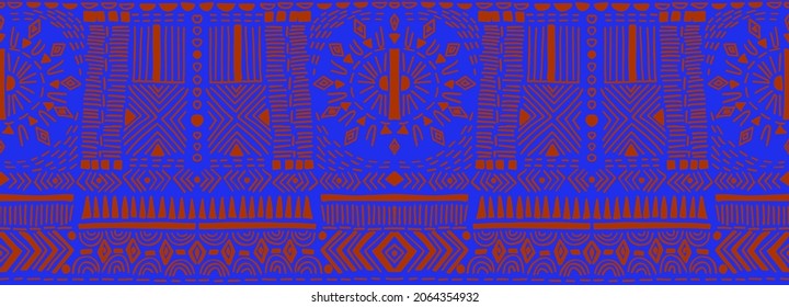 Geometric damascus ornament. Ikat border. Ethnic embroidery with leaves and monograms. Tribal vector texture. Seamless folk pattern in Aztec style. Indian, Scandinavian, Gypsy, Mexican, African rug.