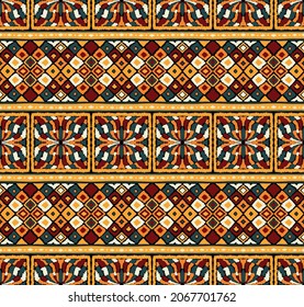 Geometric damascus ornament. Ikat border. Ethnic embroidery with leaves and monograms. Tribal vector texture. Seamless folk pattern in Aztec style. Indian, Scandinavian, Gypsy, Mexican, African rug.