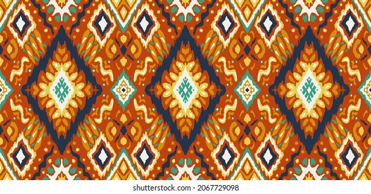 Geometric damascus ornament. Ikat border. Ethnic embroidery with leaves and monograms. Tribal vector texture. Seamless folk pattern in Aztec style. Indian, Scandinavian, Gypsy, Mexican, African rug.