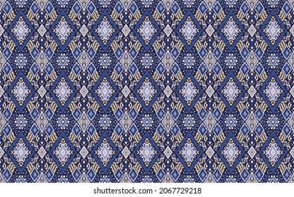 Geometric damascus ornament. Ikat border. Ethnic embroidery with leaves and monograms. Tribal vector texture. Seamless folk pattern in Aztec style. Indian, Scandinavian, Gypsy, Mexican, African rug.