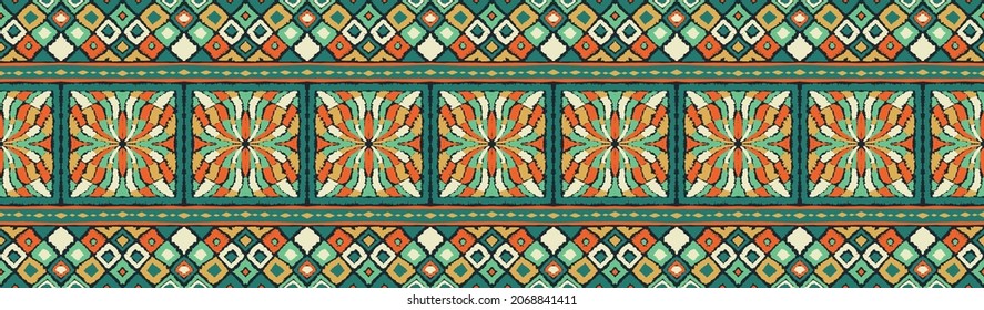 Geometric damascus ornament. Ikat border. Ethnic embroidery with leaves and monograms. Tribal vector texture. Seamless folk pattern in Aztec style. Indian, Scandinavian, Gypsy, Mexican, African rug.