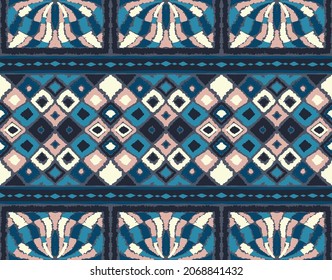 Geometric damascus ornament. Ikat border. Ethnic embroidery with leaves and monograms. Tribal vector texture. Seamless folk pattern in Aztec style. Indian, Scandinavian, Gypsy, Mexican, African rug.