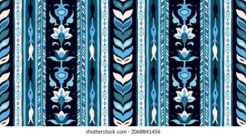 Geometric damascus ornament. Ikat border. Ethnic embroidery with leaves and monograms. Tribal vector texture. Seamless folk pattern in Aztec style. Indian, Scandinavian, Gypsy, Mexican, African rug.