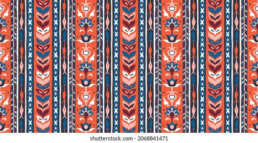 Geometric damascus ornament. Ikat border. Ethnic embroidery with leaves and monograms. Tribal vector texture. Seamless folk pattern in Aztec style. Indian, Scandinavian, Gypsy, Mexican, African rug.