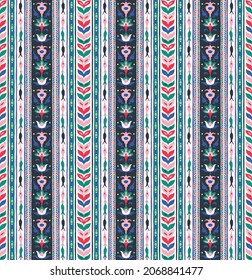Geometric damascus ornament. Ikat border. Ethnic embroidery with leaves and monograms. Tribal vector texture. Seamless folk pattern in Aztec style. Indian, Scandinavian, Gypsy, Mexican, African rug.