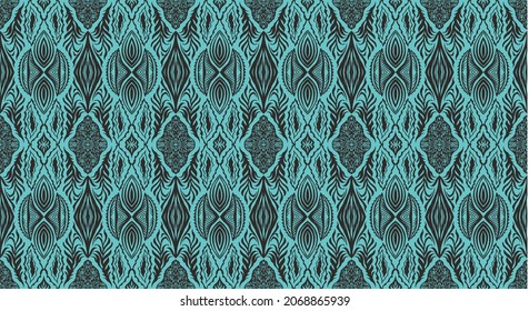 Geometric damascus ornament. Ikat border. Ethnic embroidery with leaves and monograms. Tribal vector texture. Seamless folk pattern in Aztec style. Indian, Scandinavian, Gypsy, Mexican, African rug.
