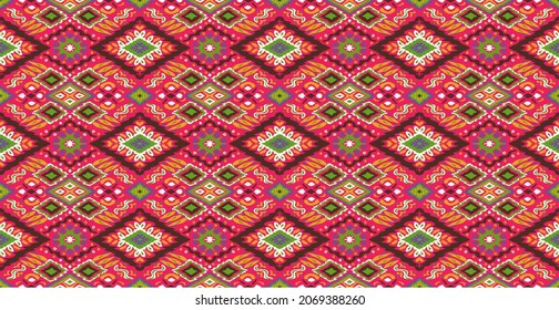 Geometric damascus ornament. Ikat border. Ethnic embroidery with leaves and monograms. Tribal vector texture. Seamless folk pattern in Aztec style. Indian, Scandinavian, Gypsy, Mexican, African rug.