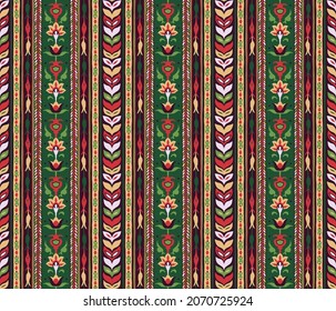 Geometric damascus ornament. Ikat border. Ethnic embroidery with leaves and monograms. Tribal vector texture. Seamless folk pattern in Aztec style. Indian, Scandinavian, Gypsy, Mexican, African rug.