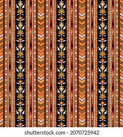 Geometric damascus ornament. Ikat border. Ethnic embroidery with leaves and monograms. Tribal vector texture. Seamless folk pattern in Aztec style. Indian, Scandinavian, Gypsy, Mexican, African rug.