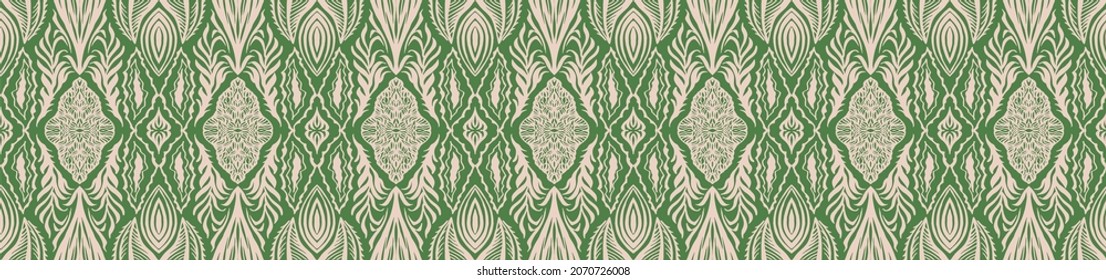 Geometric damascus ornament. Ikat border. Ethnic embroidery with leaves and monograms. Tribal vector texture. Seamless folk pattern in Aztec style. Indian, Scandinavian, Gypsy, Mexican, African rug.
