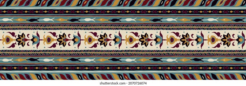 Geometric damascus ornament. Ikat border. Ethnic embroidery with leaves and monograms. Tribal vector texture. Seamless folk pattern in Aztec style. Indian, Scandinavian, Gypsy, Mexican, African rug.