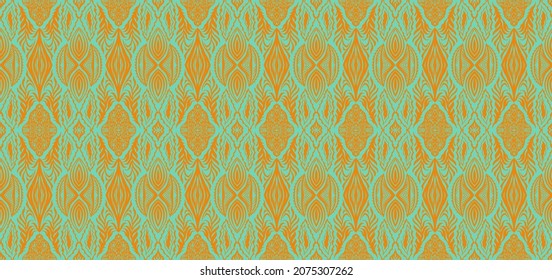Geometric damascus ornament. Ikat border. Ethnic embroidery with leaves and monograms. Tribal vector texture. Seamless folk pattern in Aztec style. Indian, Scandinavian, Gypsy, Mexican, African rug.