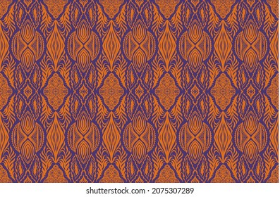 Geometric damascus ornament. Ikat border. Ethnic embroidery with leaves and monograms. Tribal vector texture. Seamless folk pattern in Aztec style. Indian, Scandinavian, Gypsy, Mexican, African rug.
